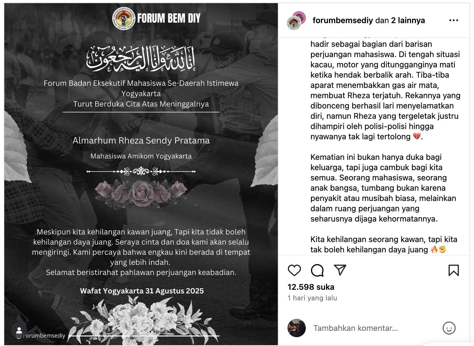 Ungkapan duka untuk Rheza Sendy Pratama. (Instagram/@forumbemsediy)
